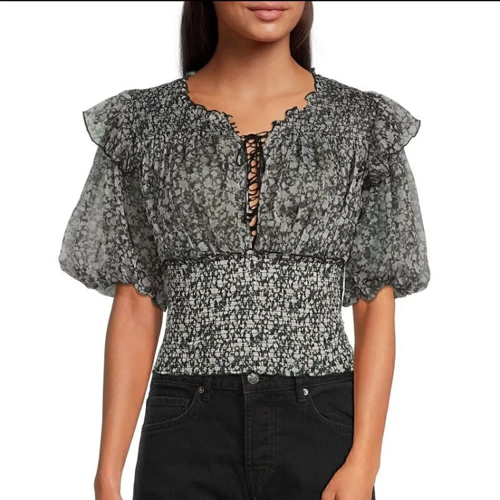 Free People Beatrice Floral Print Cross Tie Neck Smocked Crop Top NWT Size Large